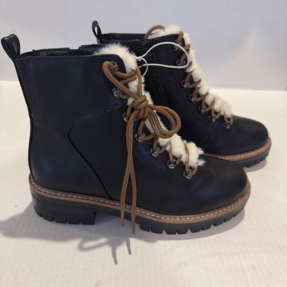 A New Day Womens Black Faux Fur Trim Combat Boots Memory Foam Lug Sole 7.5